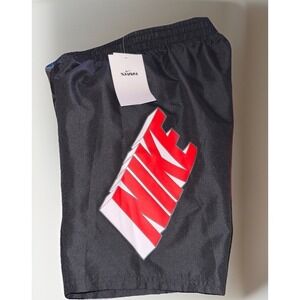 Nike Boys 7" Volley Swim Shorts L (14/16) Black Red‎ Logo NWT